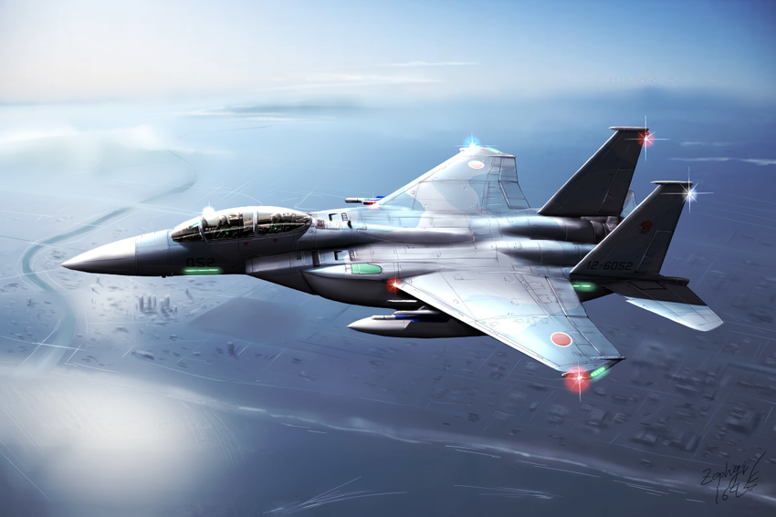 airplane beach city commentary drop_tank emblem f-15_eagle fighter_jet flying from_above japan_air_self-defense_force japan_self-defense_force jet military military_vehicle missile no_humans ocean original pilot river zephyr164