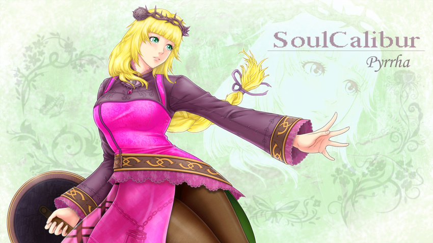 alternate_costume blonde_hair braid breasts crown_of_thorns dress green_eyes hair_ribbon long_hair md5_mismatch medium_breasts pantyhose pyrrha_alexandra ribbon shield short_dress single_braid solo soulcalibur soulcalibur_v yan_fei_toketsu zoom_layer