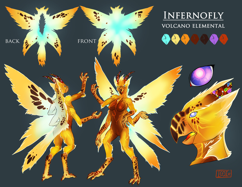 arthropod avian bird butterfly digitigrade elemental female fire gem hi_res horn hybrid iggi infernofly insect lava macaw magma model_sheet multi_limb multilimb parrot volcano