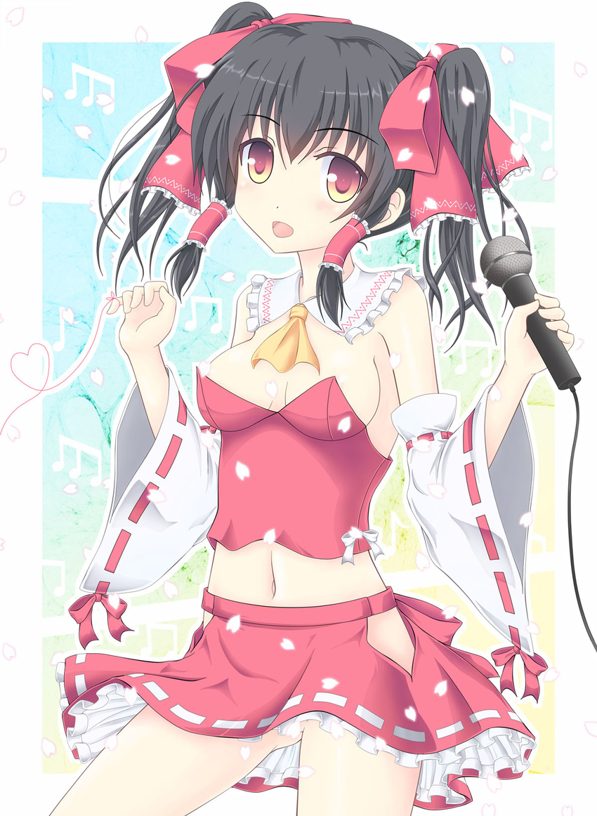 adapted_costume ascot bare_shoulders black_hair bow breasts brown_hair censored cleavage convenient_censoring detached_sleeves hair_bow hair_tubes hakurei_reimu heart heart_of_string highres long_hair microphone midriff navel no_panties noveske_n4 red_string skirt small_breasts smile solo string touhou