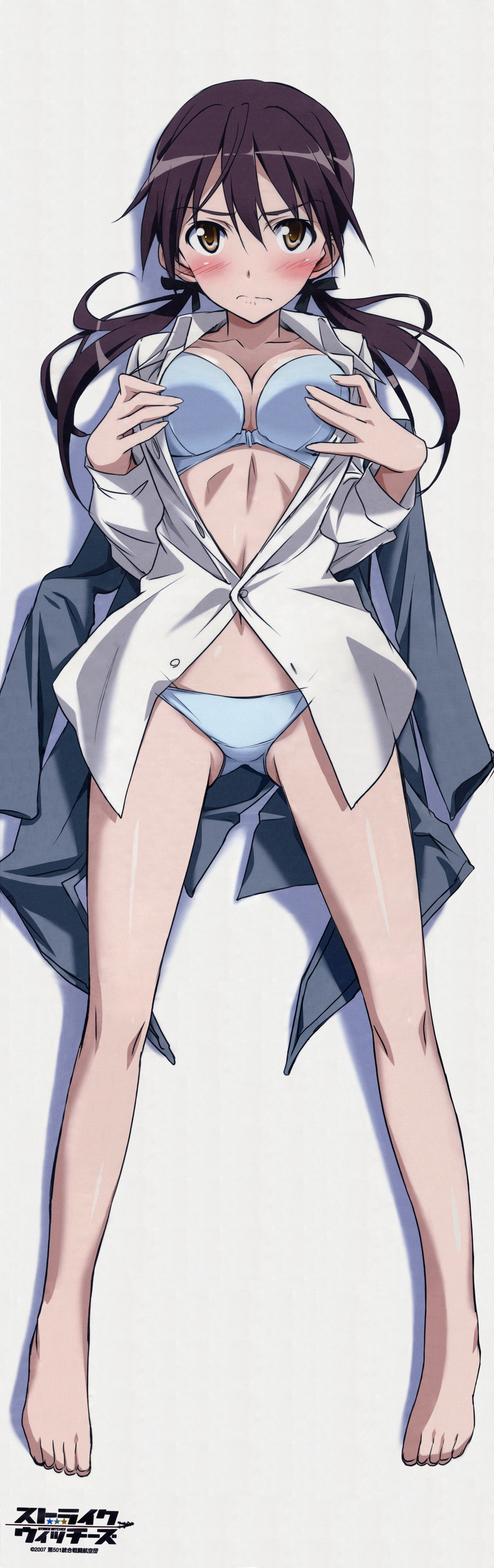 absurdres ass_visible_through_thighs barefoot blonde_hair blush bra breasts brown_eyes brown_hair cleavage dakimakura full_body gertrud_barkhorn highres kurashima_tomoyasu lingerie medium_breasts official_art open_clothes open_shirt scan shirt solo strike_witches twintails underwear undressing world_witches_series