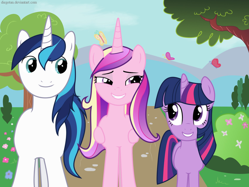 arthropod blue_eyes butterfly diegotan equine female feral flower friendship_is_magic hair horn horse insect male mammal multi-colored_hair my_little_pony pony princess_cadance_(mlp) princess_cadence_(mlp) shining_armor_(mlp) tree twilight_sparkle_(mlp) unicorn winged_unicorn wings wood