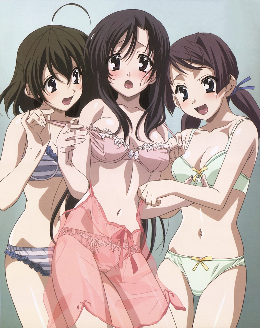 3girls ahoge black_hair blush bra bra_pull breasts brown_eyes brown_hair cleavage cross_days gotou_junji highres katsura_kotonoha kitsuregawa_roka lingerie long_hair multiple_girls navel negligee panties ribbon saionji_sekai school_days short_hair striped striped_bra striped_panties twintails underwear undressing