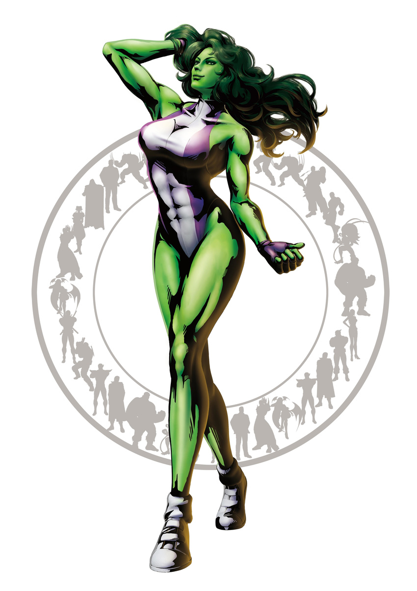 1girl abs absurdres breasts capcom cleavage female fingerless_gloves gloves green_hair green_skin highres large_breasts leotard marvel marvel_vs._capcom marvel_vs._capcom_3 marvel_vs_capcom marvel_vs_capcom_3 mori_toshiaki muscle she-hulk smile solo