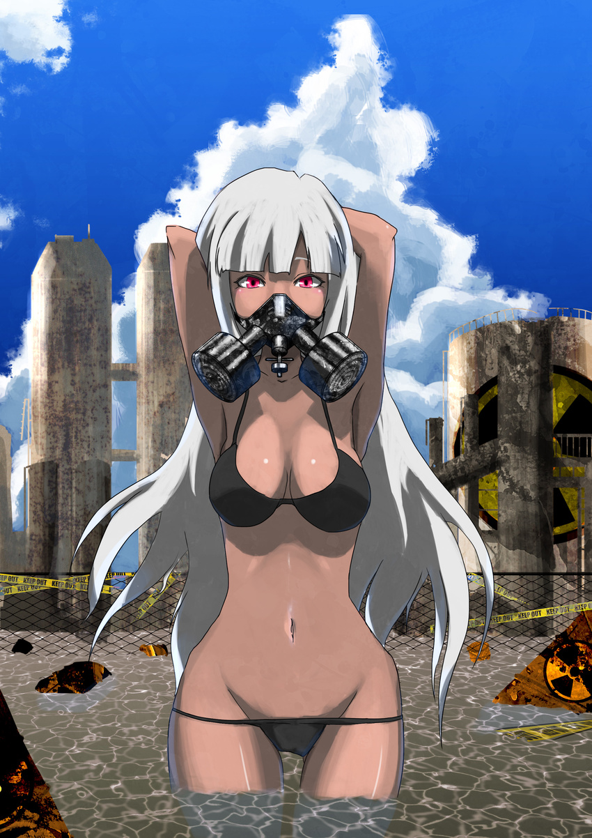 absurdres artist_request barrel bathing_suit caution_tape fence gas highres mask original police_tape power_plant red_eyes swimsuit water white_hair