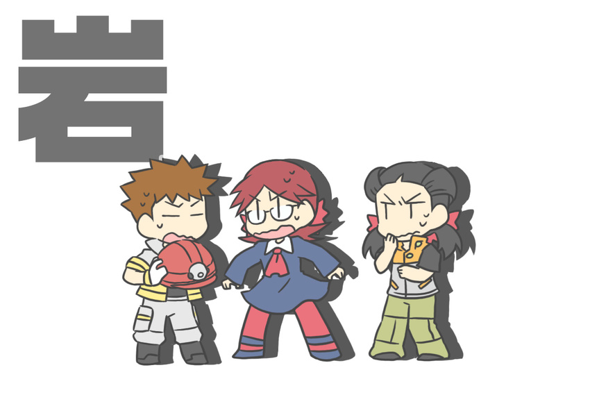 1girl 2boys artist_request black_hair brown_hair clothing_swap cosplay costume_switch gym_leader hyouta_(pokemon) multiple_boys pokemon pokemon_(game) pokemon_rse red_hair rock takeshi_(pokemon) tsutsuji_(pokemon) white_background