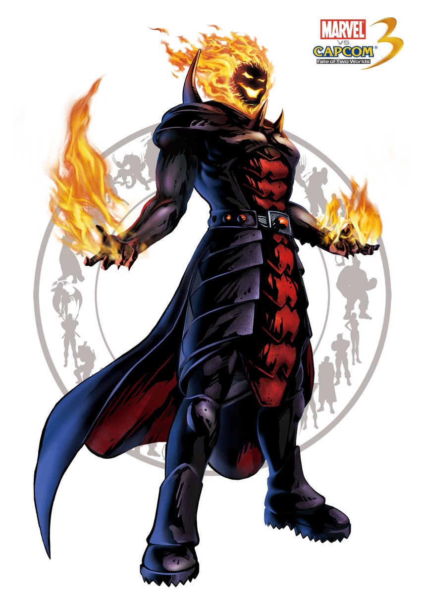 absurdres capcom cape demon dormammu fire full_body highres marvel marvel_vs._capcom marvel_vs._capcom_3 marvel_vs_capcom_3 official_art simple_background solo standing