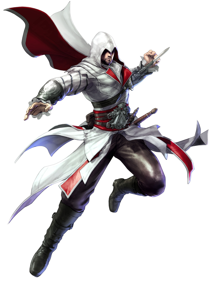 1boy absurdres armor assassin's_creed assassin's_creed:_brotherhood assassin's_creed assassin's_creed:_brotherhood assassin's_creed_(series) beard belt blade boots cape ezio_auditore_da_firenze facial_hair gun hidden_blade highres hood kawano_takuji male male_focus official_art pauldrons pouch sash solo soul_calibur soul_calibur_v soulcalibur_v sword vambraces weapon