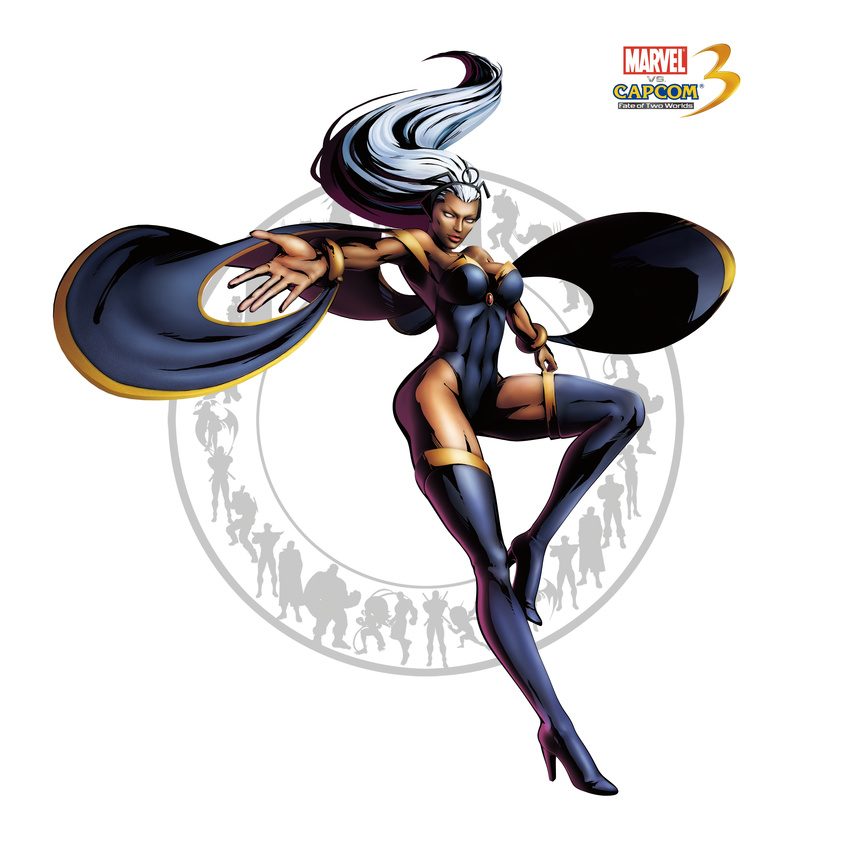 abs absurdres african boots capcom cape dark_skin hairband high_heels highres leotard marvel marvel_vs._capcom marvel_vs._capcom_3 marvel_vs_capcom marvel_vs_capcom_3 mori_toshiaki official_art pose shinkiro shoes silver_hair solo storm thigh_boots thighhighs white_eyes x-men