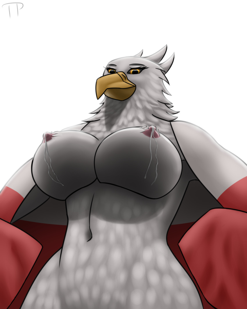 anthro areola avian beak big_breasts bird breasts clothed clothing eagle female flag lactating looking_at_viewer low-angle_view milk nipples partially_clothed pink_areola poland smile solo standing testowepiwko wearing_flag