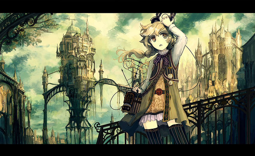 architecture arm_up bag black_legwear blonde_hair bridge brown_eyes building cable city cowboy_shot dome dress fantasy fence floating_hair gothic_architecture hand_on_own_head hatoya_hato headphones headphones_removed holding ironwork layered_clothing letterboxed looking_afar neck_ribbon open_mouth original pocket_watch ponytail radio radio_antenna ribbon short_dress shoulder_bag sky solo spire striped striped_legwear thighhighs vertical-striped_legwear vertical_stripes watch wind zettai_ryouiki