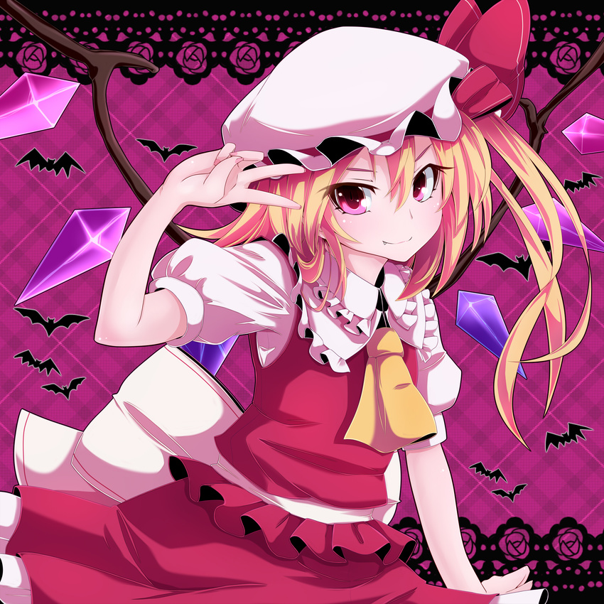 arm_up ascot bat blonde_hair fang flandre_scarlet frilled_skirt frills hat hat_ribbon highres nikka_(cryptomeria) puffy_sleeves red_eyes ribbon side_ponytail skirt skirt_set smile solo touhou v wings