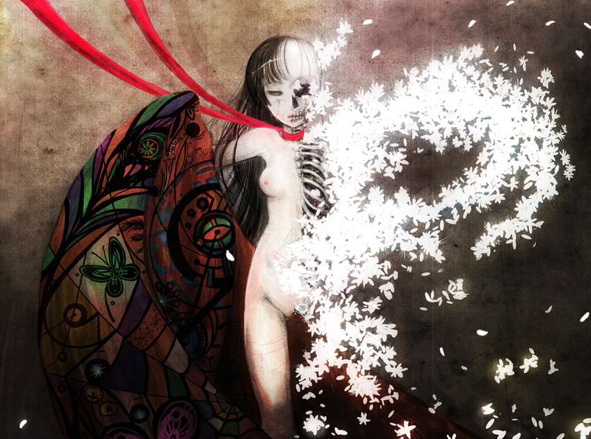 black_hair bone breasts bug butterfly flower funakura guro insect nude original ribbon ribs skull small_breasts solo white_hair