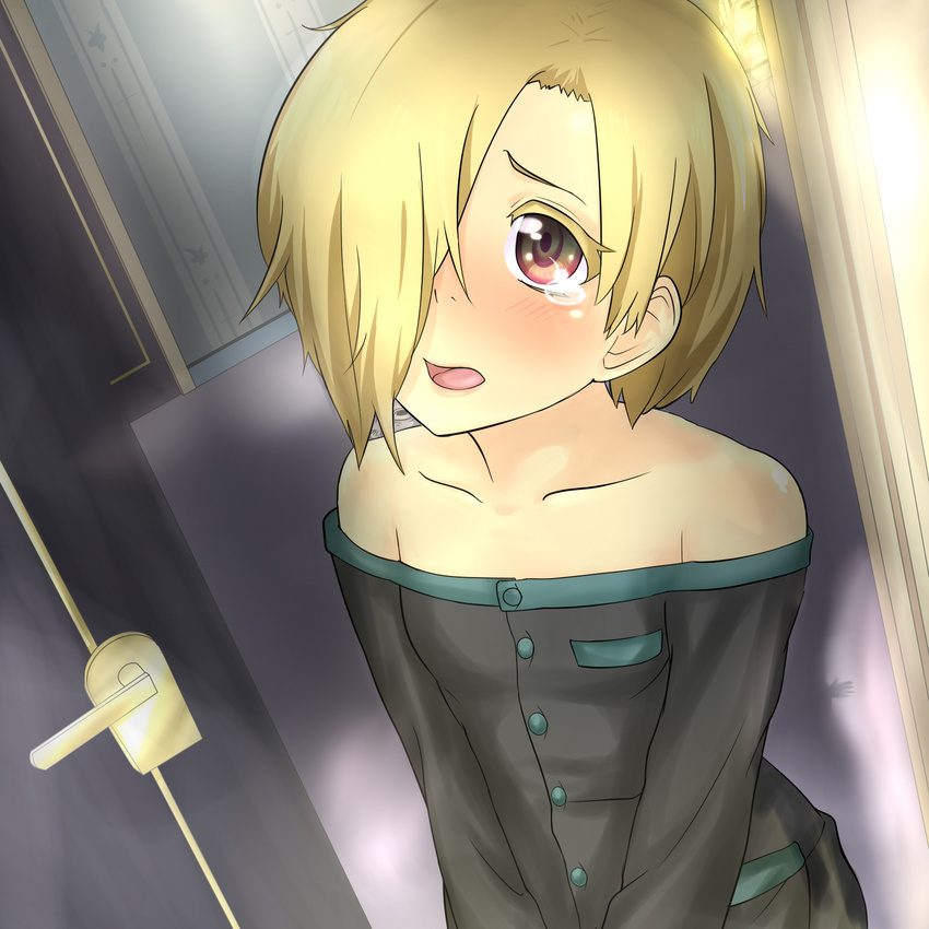 bare_shoulders blonde_hair blush hair_over_one_eye highres hisa_tsuki idolmaster idolmaster_cinderella_girls looking_up open_mouth red_eyes shirasaka_koume short_hair solo tears when_you_see_it