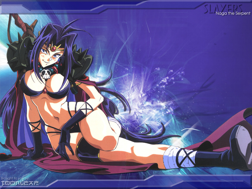 antenna_hair arm_support armor bikini blue_eyes blue_hair blush boots breasts cape circlet cleavage gloves highres huge_breasts jewelry large_breasts leg_up long_hair naga_the_serpent navel necklace skull slayers smile solo swimsuit thigh_band thigh_strap very_long_hair