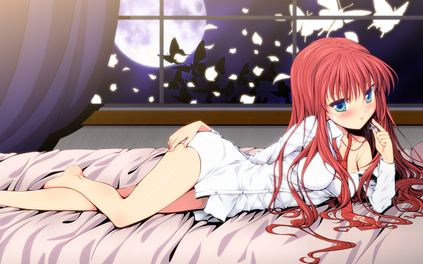 blue_eyes blush breasts bug butterfly chikage_(sister_princess) cross derivative_work dress_shirt highres insect jewelry long_hair lying medium_breasts naked_shirt necklace off_shoulder on_side petals red_hair schneider117 shirt sister_princess solo