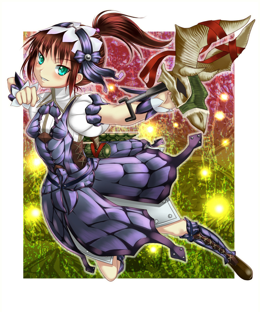 1girl armor blush bnahabra_(armor) boots brown_hair capcom green_eyes highres monster_hunter monster_hunter_3 skirt smile solo