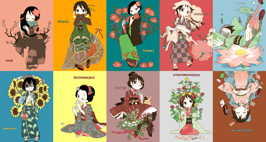 animal animal_on_shoulder ankle_boots apron asphyxiation bell black_cat black_hair black_hat blue_scarf boots bow braid branch brown_footwear brown_kimono brown_legwear brown_scarf bunny calligraphy_brush camellia capelet card cat cat_on_shoulder checkered checkered_kimono chinese_lantern_(plant) closed_eyes clothed_animal comb covered_mouth cross-laced_footwear drowning earrings envelope flat_chest flower foot_dangle footwear_removed forget-me-not_(flower) geta green_kimono hair_flower hair_ornament hair_ornament_removed hair_ribbon hair_stick hairclip hand_on_own_stomach haori hat head_scarf head_tilt higashi_(azm) highres holding holding_animal holding_card holding_umbrella in_tree interlocked_fingers japanese_clothes jewelry kimono kinchaku kneehighs lace-up_boots letter lolita_fashion long_sleeves looking_at_viewer lotus mini_hat mini_top_hat mouth_hold multiple_girls no_shoes obi one_eye_closed original outstretched_arms own_hands_together paintbrush parasol pink_legwear plantar_flexion plum_blossoms pouch print_kimono red_bow red_flower red_kimono red_ribbon ribbon ribbon_braid sash scarf seiza short_hair short_kimono sitting smile spread_arms standing submerged sunflower tabi tail tail_bell tail_bow tasuki top_hat tree twin_braids twintails umbrella upside-down very_short_hair wa_lolita white_flower white_legwear wide_sleeves yellow_flower yukata