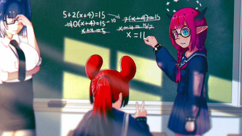 3girls alternate_hairstyle animal_ears black_skirt blue_hair blue_serafuku blue_shirt blue_skirt braid chalk chalkboard claivin classroom english_commentary exasperation hakos_baelz halo heterochromia highres holding holding_chalk hololive hololive_english horns indoors irys_(gamer)_(hololive) irys_(hololive) long_sleeves low_twin_braids math mouse_ears multiple_girls neckerchief official_alternate_costume ouro_kronii pencil_skirt pleated_skirt pointy_ears ponytail red_hair red_neckerchief round_eyewear school_uniform serafuku shirt skirt twin_braids virtual_youtuber you're_doing_it_wrong