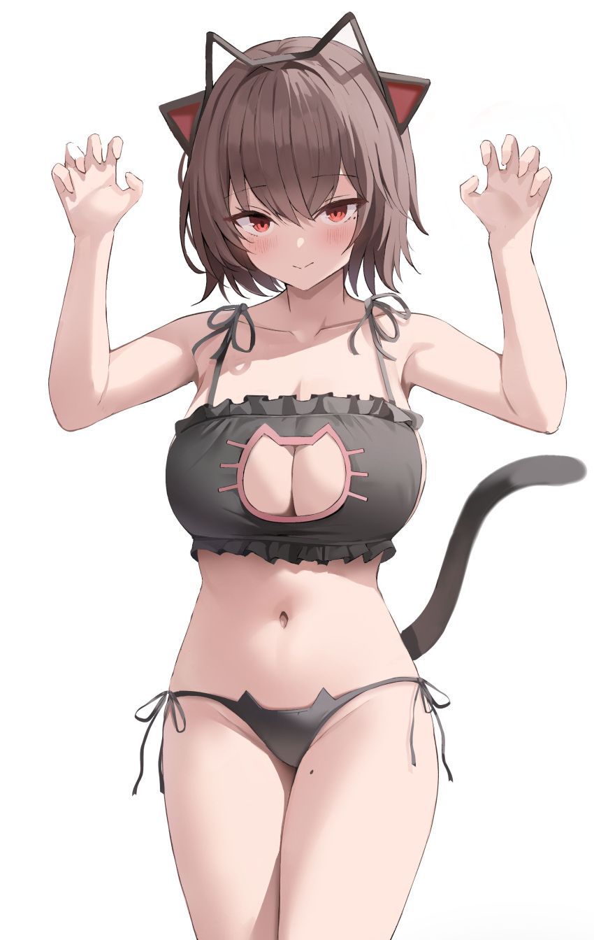 1girl absurdres animal_ear_hairband animal_ears bare_shoulders black_bra black_panties black_tail blush bra breasts brown_hair cat_cutout cat_ear_hairband cat_ear_panties cat_ears cat_lingerie cat_tail claw_pose clothing_cutout collarbone commentary_request commission commissioner_upload cowboy_shot fake_animal_ears frilled_bra frills groin hair_between_eyes hairband highres korean_commentary large_breasts legs_together looking_at_viewer meme_attire mole mole_on_thigh mole_under_eye navel original panties prunechi red_eyes redshark_(t373412) short_hair side-tie_panties smile solo spaghetti_strap standing stomach tail thighs underwear white_background
