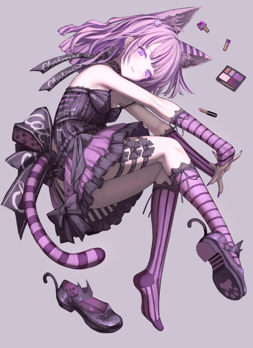 1girl alice_in_wonderland animal_ears asymmetrical_legwear black_dress black_footwear cat_ears cat_girl cat_tail cheshire_cat_(alice_in_wonderland) cheshire_cat_(alice_in_wonderland)_(cosplay) cosmetics cosplay dress full_body highres lipstick_tube long_hair looking_at_viewer mismatched_legwear original osobachan paw_print_soles pink_eyes pink_hair pink_thighhighs purple_dress purple_thighhighs short_dress sleeveless sleeveless_dress striped_clothes striped_thighhighs tail thighhighs unworn_footwear