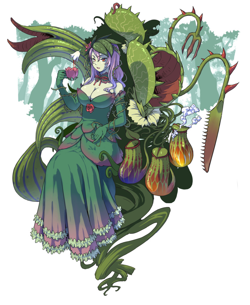 1girl ater9 bare_shoulders breasts cleavage colored_skin cup dress elbow_gloves flower frills full_body gloves green_dress green_gloves green_skin hair_flower hair_ornament highres holding holding_cup large_breasts long_hair monster_girl original pitcher_plant plant plant_girl purple_hair red_eyes sitting venus_flytrap vines