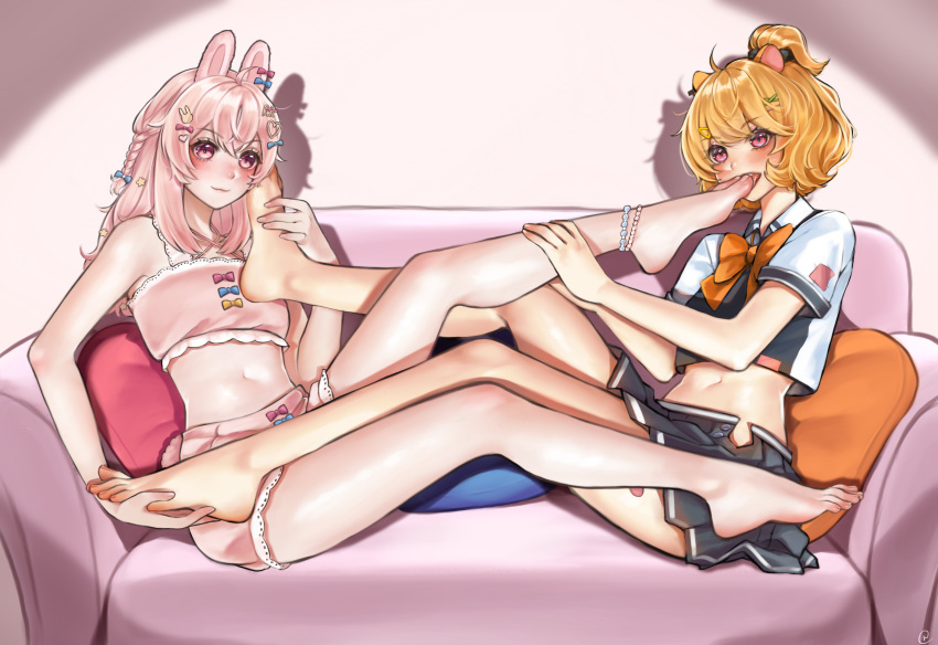 2girls animal_ears bare_legs barefoot bead_anklet blue_bow blush bow bowtie braid collared_shirt commission couch derivative_work eimi_isami feet full_body hair_bow hair_ornament hairclip highres holding holding_another's_foot indoors legs long_hair long_legs medium_hair midriff multiple_girls navel nikishiko on_couch open_mouth orange_bow orange_bowtie orange_hair phase_connect pink_bow pink_eyes pink_hair pink_shorts pipkin_pippa pixiv_commission rabbit_ears rabbit_girl shadow shirt short_shorts short_sleeves shorts signature sitting smile stomach toenails toes virtual_youtuber x_hair_ornament yuri
