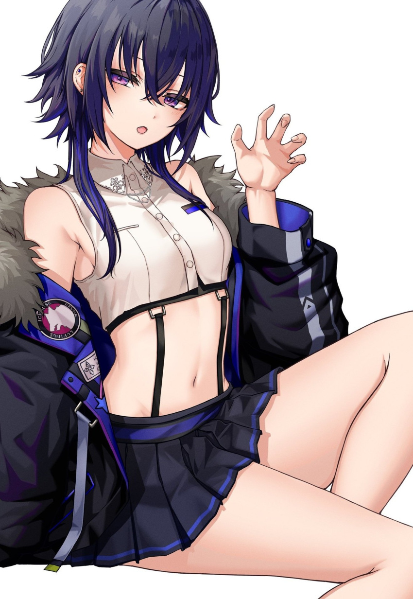 1girl bare_shoulders black_coat black_skirt blue_hair blush breasts buttons claw_pose coat collared_shirt commentary_request crop_top ear_piercing earrings fang fur-trimmed_coat fur_trim half-closed_eyes hand_up highres ichinose_uruha invisible_chair jewelry kushinaka long_hair long_sleeves looking_at_viewer lupinus_virtual_games midriff miniskirt multicolored_hair navel off_shoulder open_mouth piercing purple_eyes shirt simple_background sitting skirt sleeveless sleeveless_shirt small_breasts solo streaked_hair stud_earrings suspender_skirt suspenders virtual_youtuber vspo! white_background