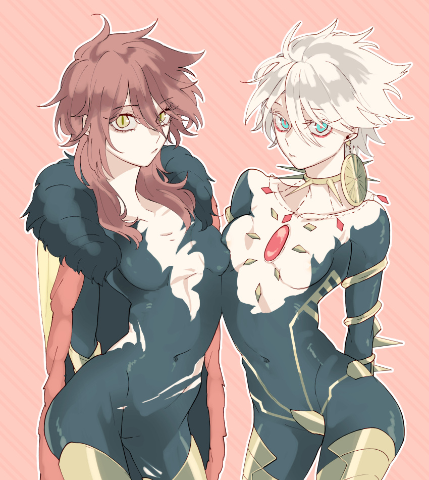 2girls arms_behind_back asymmetrical_docking blue_eyes boots breast_press breasts collar commentary_request earrings eyeliner fate/grand_order fate_(series) genderswap genderswap_(mtf) hair_between_eyes highres jewelry karna_(fate) long_eyelashes long_hair looking_at_viewer makeup multiple_girls navel outline pale_skin pink_background red_eyeliner red_hair shiny_skin short_hair skindentation sm small_breasts spiked_collar spikes standing thigh_boots white_hair white_outline yellow_eyes