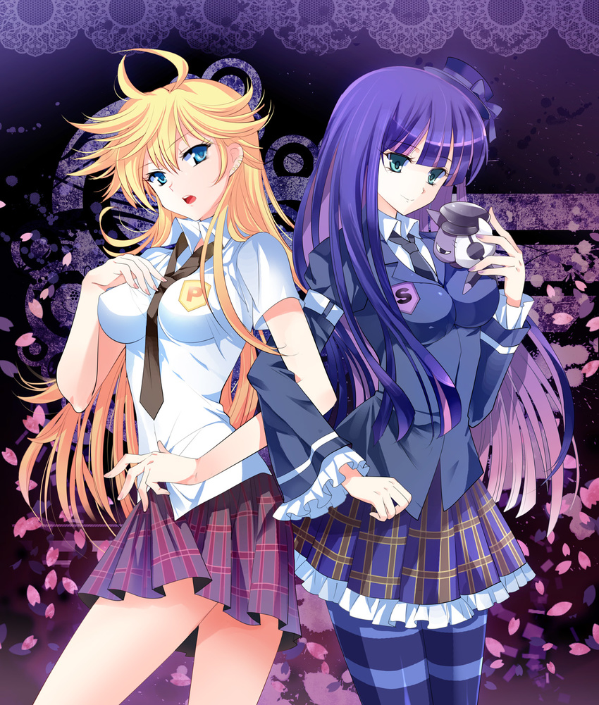 bad_id bad_pixiv_id blonde_hair blue_eyes highres long_hair multicolored_hair multiple_girls panty_&amp;_stocking_with_garterbelt panty_(psg) pico_(picollector79) stocking_(psg) striped striped_legwear thighhighs two-tone_hair