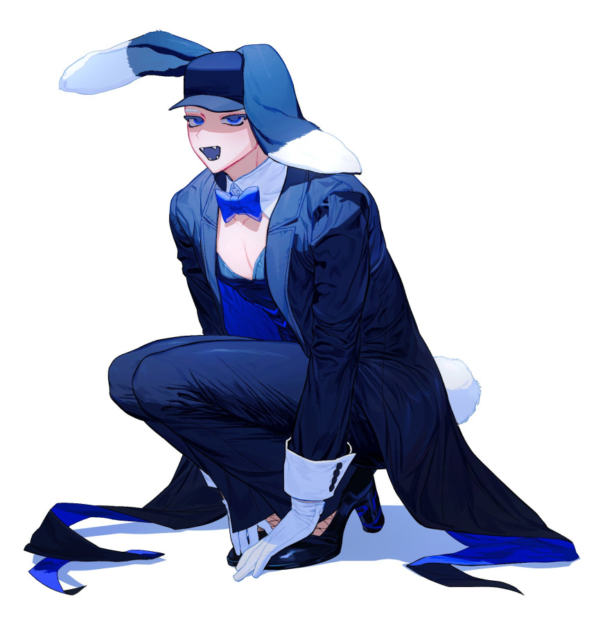 1boy animal_ears baseball_cap blue_bow blue_bowtie blue_coat blue_eyes blue_headwear blue_leotard blue_pants blue_theme blue_tongue bow bowtie coat coattails collared_coat colored_eyelashes colored_tongue crossdressing detached_collar fangs fishnets full_body gloves hands_on_feet hat high_heels highres leotard long_sleeves looking_at_viewer male_focus male_playboy_bunny open_mouth original pants pectoral_cleavage pectorals rabbit_boy rabbit_ears rabbit_tail sasi_mozzi1 simple_background solo squatting tail white_background