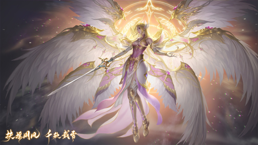1girl absurdres armor armored_boots armored_dress bare_shoulders blonde_hair boots chang_juejue closed_mouth douluo_dalu earrings expressionless from_side full_body hair_ornament highres holding holding_sword holding_weapon jewelry light long_hair multiple_wings qian_renxue_(douluo_dalu) second-party_source solo sword weapon wings
