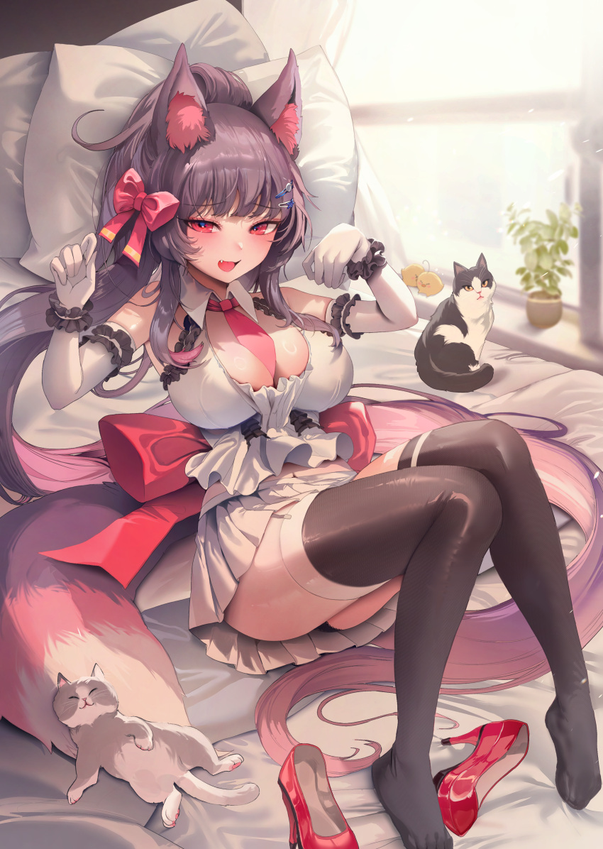1girl absurdres animal_ears arm_garter black_panties black_thighhighs blush breasts brown_hair cat cat_ears cat_girl cat_tail cleats cleavage elbow_gloves embarrassed frilled_shirt frills full_body garter_straps gloves hair_ornament hands_up highres large_breasts long_hair looking_down necktie open_mouth original panties pillow plant pleated_skirt ponytail purple_hair red_eyes red_necktie red_ribbon ribbon shirt simple_background skirt tail thighhighs under_covers underwear very_long_hair white_background white_gloves white_shirt window zerocat