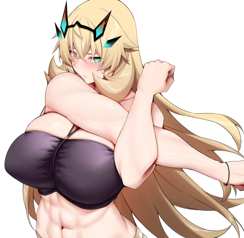 1girl abs arind_yudha bare_arms barghest_(fate) blonde_hair blush bracelet breasts closed_mouth collarbone crop_top diamond_(shape) fate/grand_order fate_(series) green_eyes headpiece heterochromia highres huge_breasts jewelry long_hair looking_at_viewer muscular muscular_female navel orange_eyes sidelocks simple_background solo stretching upper_body white_background