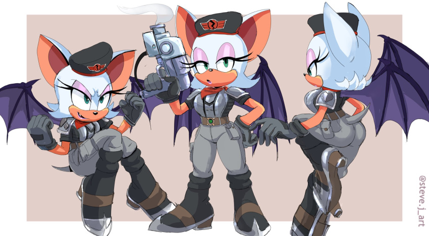 anthro bat breasts clothing eyeshadow female fur gloves gun handgun handwear hat headgear headwear hi_res lipstick makeup mammal membrane_(anatomy) membranous_wings multiple_poses pose ranged_weapon rebel_rouge rouge_the_bat sega signature simple_background solo sonic_the_hedgehog_(series) steve_jones tan_body tan_skin weapon white_body white_fur wings