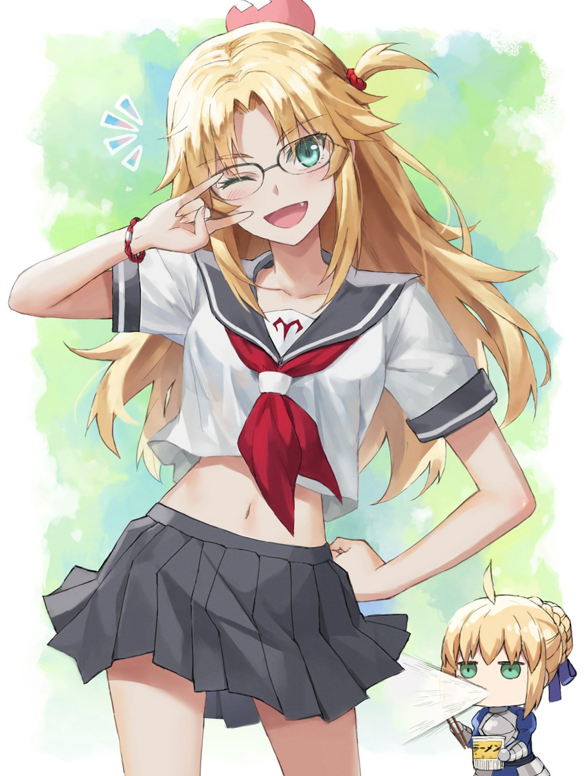 2girls absurdres artoria_pendragon_(fate) blonde_hair blush breasts fang fate/apocrypha fate/stay_night fate_(series) glasses green_eyes head_bump highres injury long_hair looking_at_viewer mordred_(fate) mordred_(fate/apocrypha) multiple_girls navel neckerchief one_eye_closed open_mouth parted_bangs revision saber_(fate) sailor_collar school_uniform serafuku shirt sidelocks skirt small_breasts smile spit_take spitting thighs tonee white_shirt