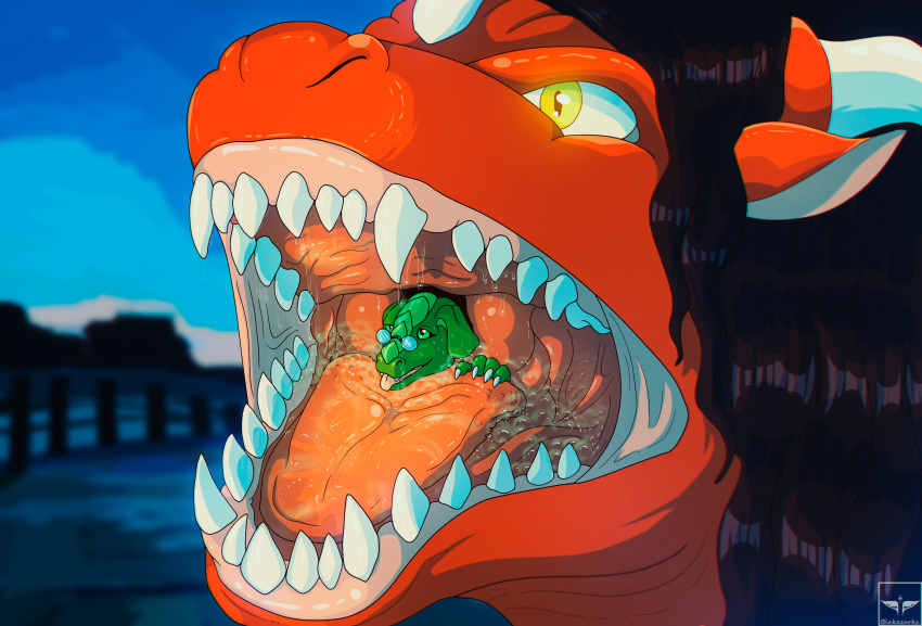 ambiguous_fluids anthro black_hair blakezarks bodily_fluids cel_shading detailed_background dragon duo eating feral green_body hair headshot_portrait hi_res kobold long_hair male male/male mouth_shot open_mouth portrait red_body saliva scalie shaded teeth teeth_showing tongue vore western_dragon zarks_(blakezarks)