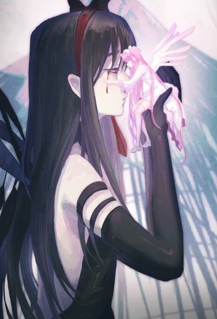 2girls absurdly_long_hair absurdres akemi_homura akuma_homura angel_wings backless_dress backless_outfit black_dress black_gloves black_hair blood blood_from_eyes chinese_commentary closed_eyes closed_mouth commentary_request demon_wings dress elbow_gloves expressionless gloves grey_background hairband hand_on_another's_face highres kaname_madoka long_hair long_sleeves looking_at_another mahou_shoujo_madoka_magica mahou_shoujo_madoka_magica_(anime) mini_person minigirl multiple_girls pink_hair pink_thighhighs profile red_hairband shao_ziye size_difference thighhighs ultimate_madoka very_long_hair white_dress white_footwear wings