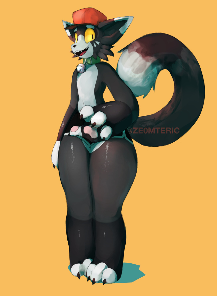 absurd_res anthro bell bell_collar big_hands clothing collar domestic_cat felid feline felis girly hat headgear headwear hi_res male mammal open_mouth pupils slit_pupils solo tail thick_thighs yellow_eyes ze0metric