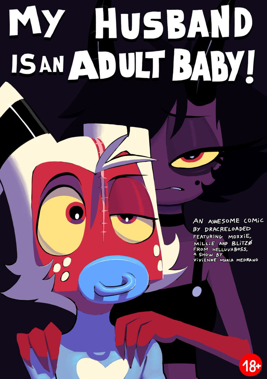 baby_clothes baby_clothing black_hair comic cover cover_art cover_page dracreloaded duo eye_bags female freckles hair hand_on_shoulder helluva_boss hi_res horn humanoid imp male mental_regression millie_(helluva_boss) moxxie_(helluva_boss) object_in_mouth pacifier pacifier_in_mouth scar surgical_suture title white_freckles white_hair