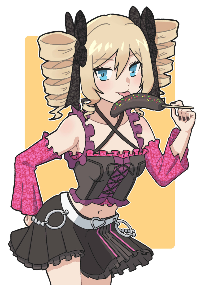 1girl absurdres bare_shoulders belt black_skirt blonde_hair blue_eyes blush bow collarbone cowboy_shot criss-cross_halter dairenji_suzuka detached_sleeves drill_hair eating food frilled_sleeves frills hair_bow halterneck hand_on_own_hip heart highres holding licking looking_at_viewer midriff miniskirt nail_polish navel ribbon simple_background skirt smile solo standing tokyo_ravens tongue tongue_out twin_drills twintails urin_(littleurin)