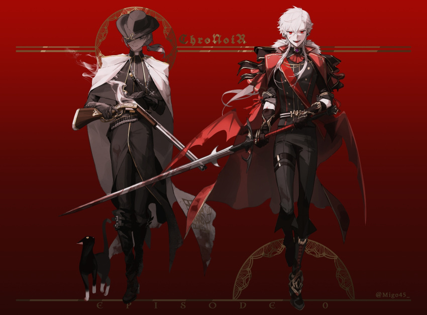 2boys :d black_coat black_footwear black_headwear black_pants blood blood_on_face blood_splatter boots cape chronoir closed_mouth coat colored_skin fangs grey_hair grin gun hat holding holding_gun holding_weapon kanae_(nijisanji) kuzuha_(nijisanji) long_hair looking_at_viewer male_focus migo45 multiple_boys nijisanji pants ponytail red_background red_coat red_eyes roto_(kanae) shotgun smile standing vampire virtual_youtuber weapon white_cape white_hair white_skin