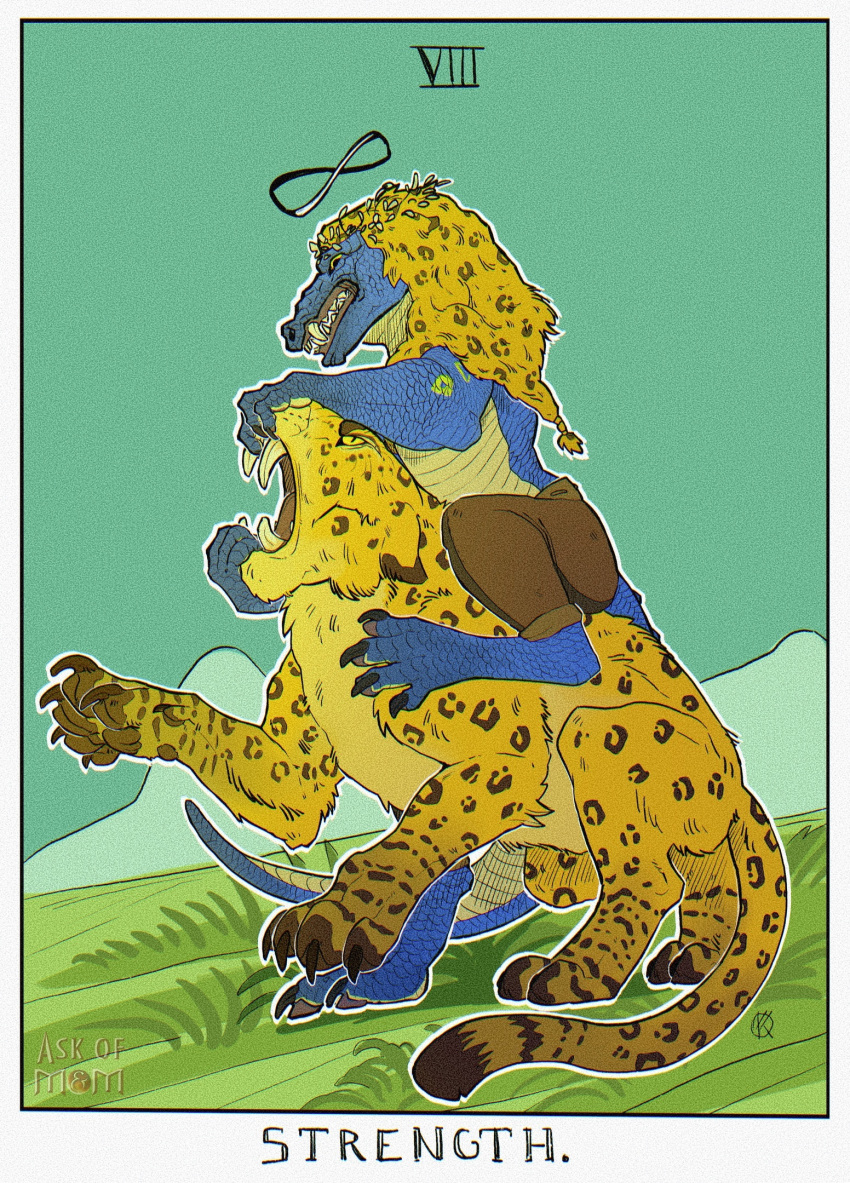 anthro blue_body blue_scales braghild_(homm) card claws fangs felid feline feral fight full-length_portrait fur hands_in_mouth heroes_of_might_and_magic_3 hi_res infinity_symbol leopard line_art lizard male mammal pantherine ponynok portrait reptile sabertooth_(anatomy) scales scalie symbol tail tarot_card teeth text yellow_body yellow_fur