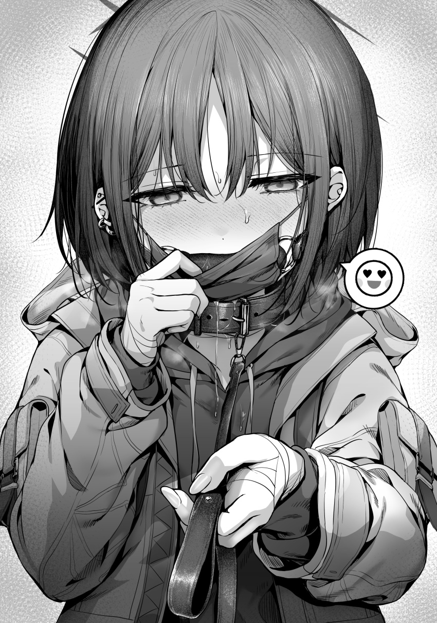 1girl absurdres animal_collar blue_archive blush collar fingernails gag greyscale halo highres hood hood_down hoodie jacket long_sleeves looking_at_viewer mask misaki_(blue_archive) monochrome mouth_mask open_clothes open_jacket short_hair solo spoken_expression surgical_mask uko_magi upper_body