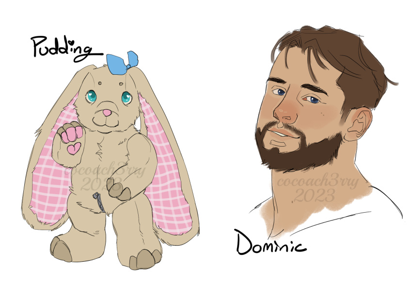 2024 animate_inanimate anthro bearded blue_eyes cocoach3rry dominic_(cocoach3rry) english_text gingham hair heart_pawpads hi_res human living_plushie looking_at_viewer male mammal pawpads plaid plushie pudding_(cocoach3rry) simple_background smile text zipper