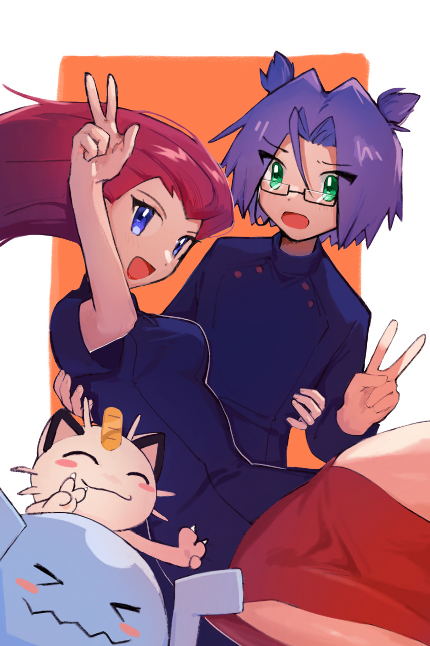 1boy 1girl blue_eyes blue_hair closed_eyes green_eyes happy highres james_(pokemon) jessie_(pokemon) looking_at_viewer meowth nontapi406 open_mouth orange_background pokemon pokemon_(anime) pokemon_(classic_anime) pokemon_(creature) red_hair red_skirt skirt team_rocket v victory_pose wobbuffet worried