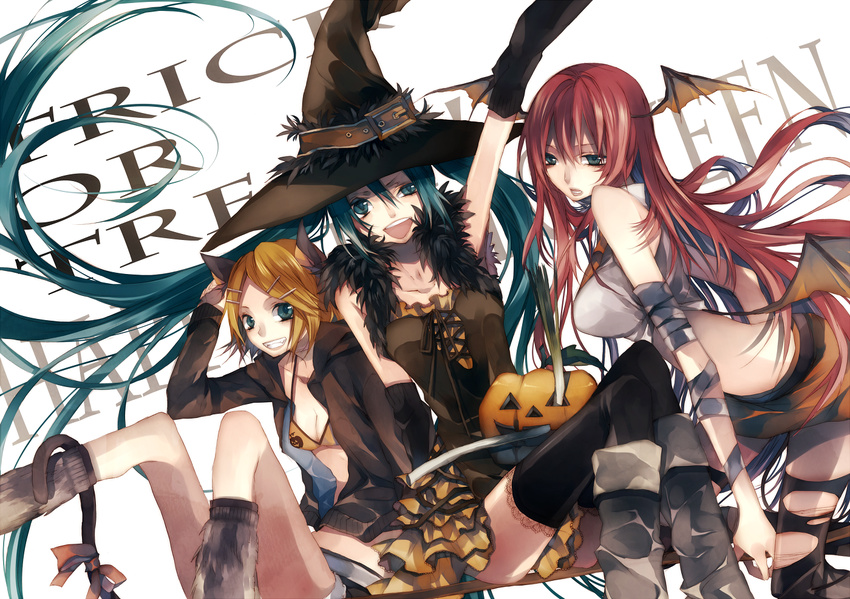 aqua_eyes aqua_hair bad_id bad_pixiv_id bat_wings bikini_top blonde_hair hair_ornament hairclip halloween happy_halloween hat hatsune_miku jack-o'-lantern kagamine_rin long_hair megurine_luka multiple_girls pink_hair pumpkin short_hair skirt smile thighhighs trick_or_treat tsukioka_tsukiho twintails very_long_hair vocaloid wings witch_hat