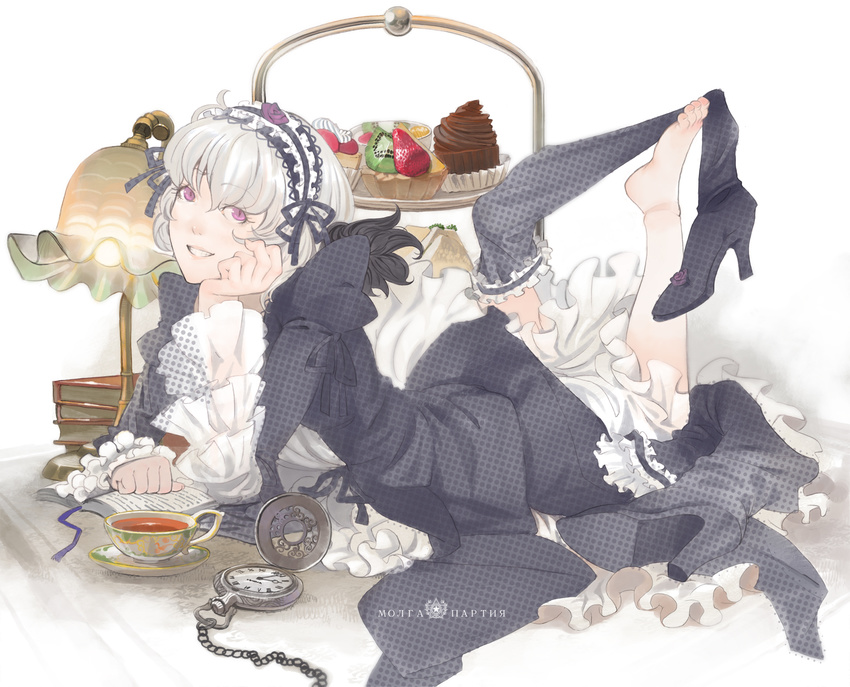 barefoot boots cake chin_rest food frills fruit grin hairband high_heels highres kiwifruit lips lolita_hairband long_hair moruga pink_eyes pocket_watch rozen_maiden shoe_dangle shoes silver_hair single_shoe smile solo strawberry suigintou thighhigh_dangle watch wings