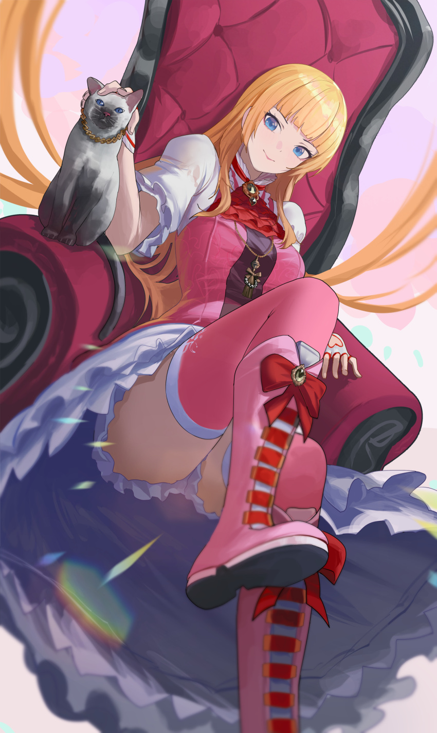 1girl absurdres blonde_hair blue_eyes boots breasts cat cleavage commentary dress english_commentary fingerless_gloves gloves highres knee_boots lili_(tekken) long_hair looking_at_viewer on_chair petting pink_footwear short_sleeves sitting smile tekken tekken_8 zaq_(zaqsta)