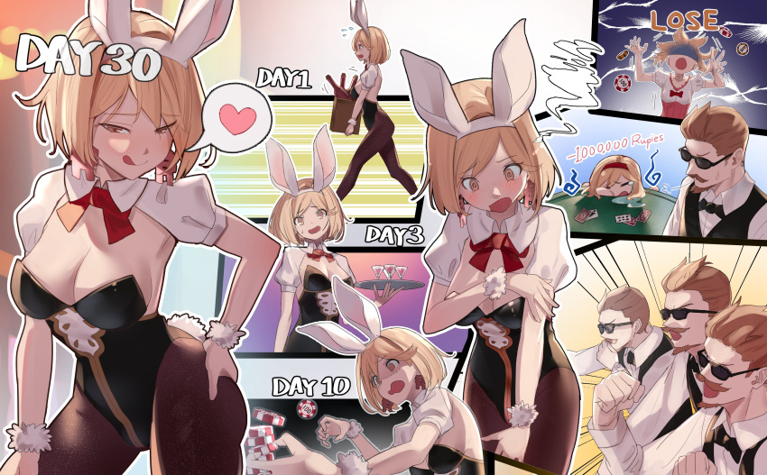 :p @_@ absurdres animal_ears backless_leotard blonde_hair blush brown_eyes casino collar detached_collar djeeta_(granblue_fantasy) earrings embarrassed gaijin_4koma_(meme) granblue_fantasy heart highres jewel_resort_bunnygirl jewelry kkkaaa4444 leotard meme pantyhose playboy_bunny rabbit_ears rabbit_tail tail tongue tongue_out white_collar